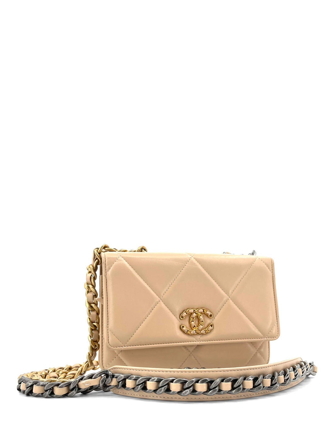 Chanel CC Logo 19 Quilted Lambskin Leather Wallet On Chain Beige
