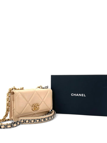 Chanel CC Logo 19 Quilted Lambskin Leather Wallet On Chain Beige