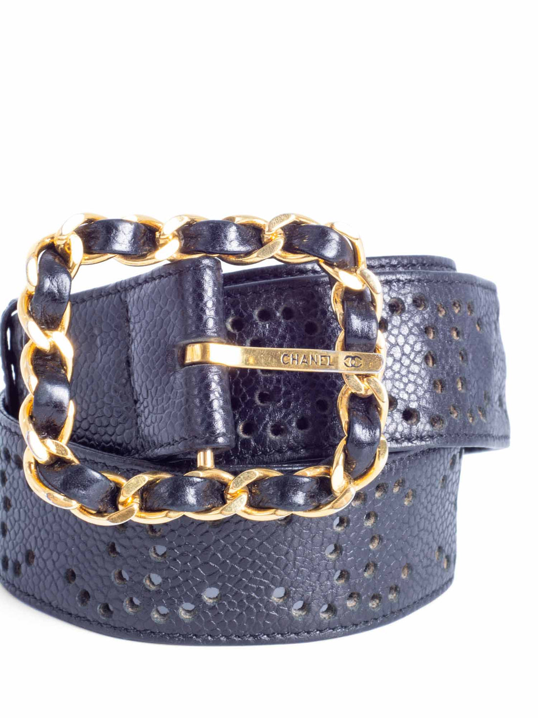 Chanel CC Logo 24K Gold Plated Chain Caviar Perforated Leather Belt Black