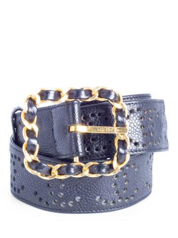 Chanel CC Logo 24K Gold Plated Chain Caviar Perforated Leather Belt Black