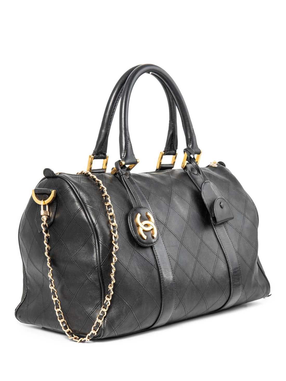 Chanel CC Logo 24K Gold Plated Quilted Leather Boston Messenger Bag Black