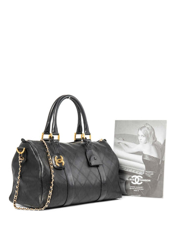 Chanel CC Logo K Gold Plated Quilted Leather Boston Messenger Bag Black