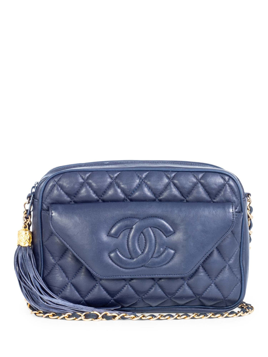 Chanel CC Logo 24k Gold Plated Quilted Leather Tassel Camera Bag Navy
