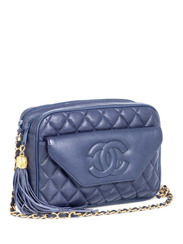 Chanel CC Logo 24k Gold Plated Quilted Leather Tassel Camera Bag Navy