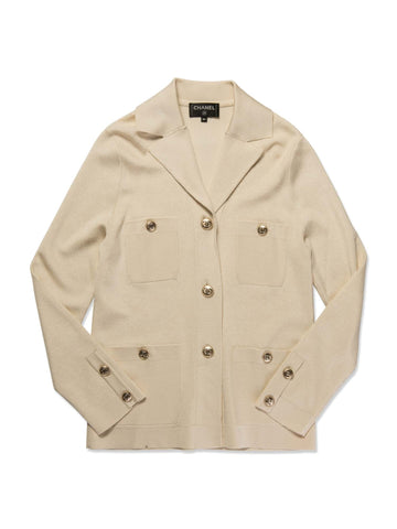 Chanel CC Logo Buttoned Knit Cardigan Pearlescent Ivory