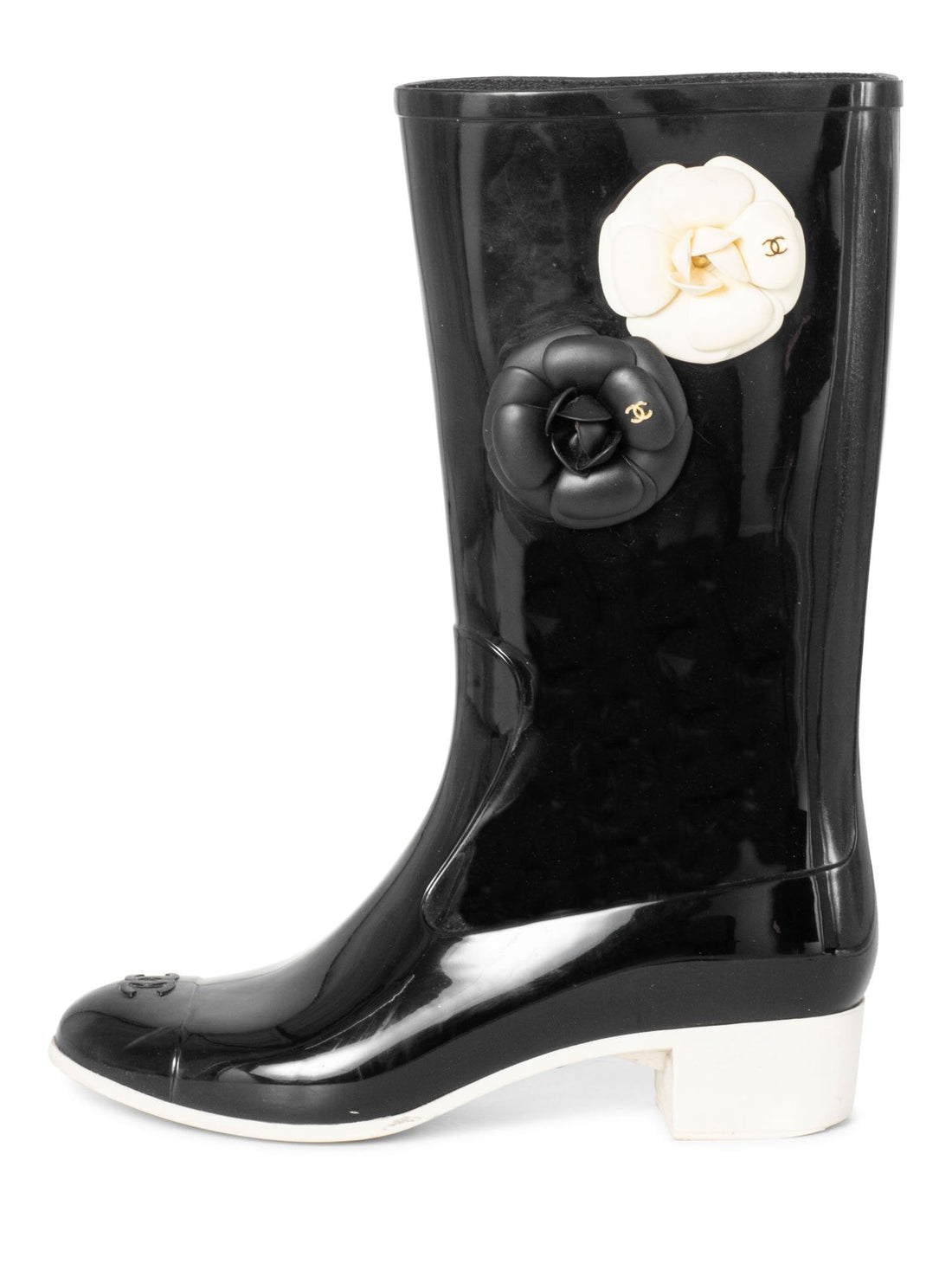 Chanel CC Logo Camellia Flower Rain Boots Black