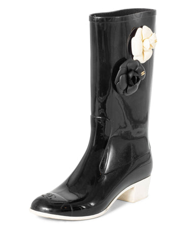 Chanel CC Logo Camellia Flower Rain Boots Black