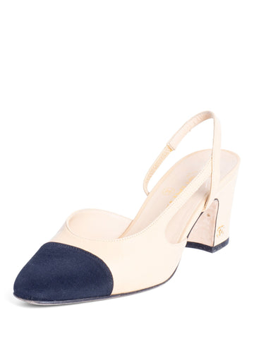 Chanel CC Logo Cap Toe Sling Back Heels Beige Black