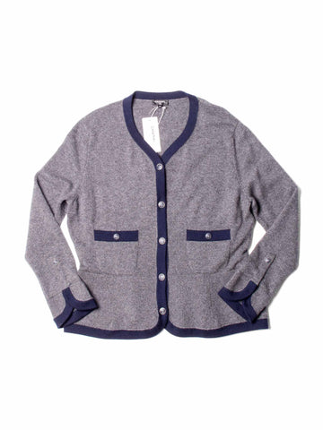 Chanel CC Logo Cashmere Cardigan Sweater Navy Blue Grey