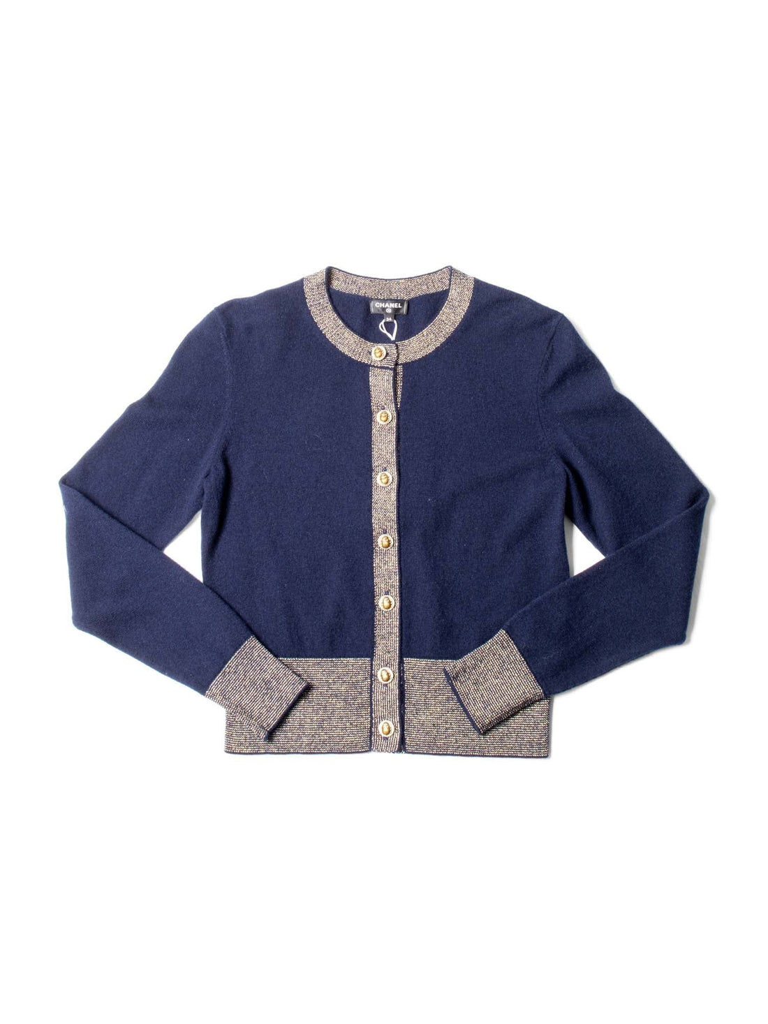 Chanel CC Logo Cashmere Scarab Beetle Cardigan Navy Gold