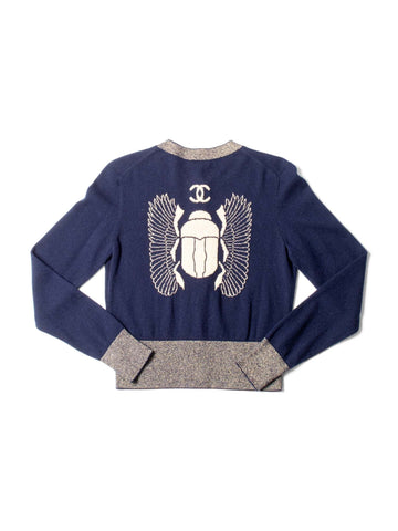 Chanel CC Logo Cashmere Scarab Beetle Cardigan Navy Gold