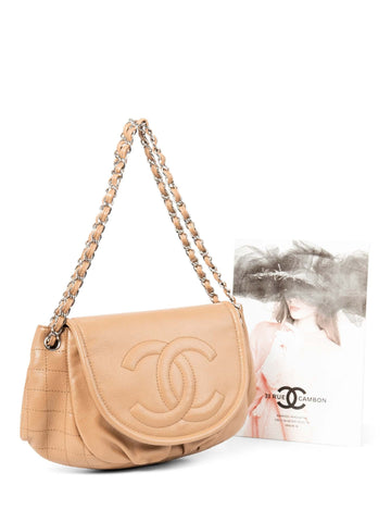 Chanel CC Logo Caviar Leather Flap Messenger Bag Beige