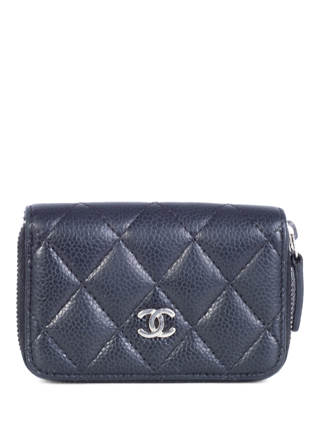 Chanel CC Logo Caviar Leather Zippered Credit Card Wallet Black Silver