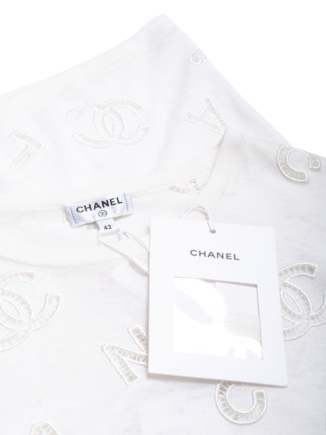 Chanel CC Logo Cotton Eyelet Embroidered T-Shirt White