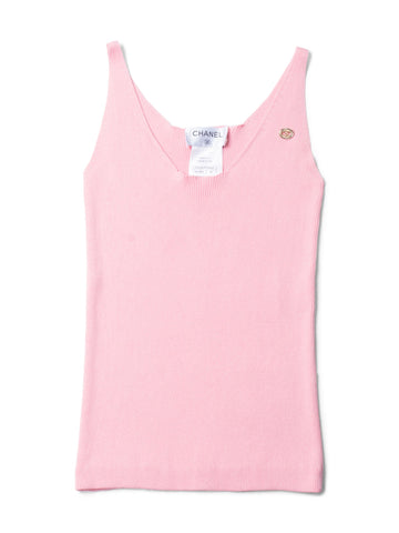 Chanel CC Logo Cotton Silk Sleeveless Ribbed Tank Top Pink