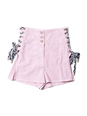 Chanel CC Logo Cotton Tweed Lace Up High Waisted Shorts Pink
