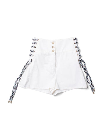 Chanel CC Logo Cotton Tweed Lace Up High Waisted Shorts White Black