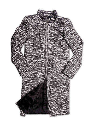 Chanel CC Logo Fantasy Tweed Fringe A-Line Coat Black White