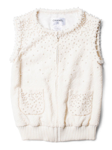 Chanel CC Logo Fantasy Tweed Pearl Two Piece Mermaid Maxi Skirt Vest Ivory