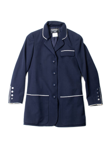 Chanel CC Logo Fringe Wool Jacket Navy Ivory
