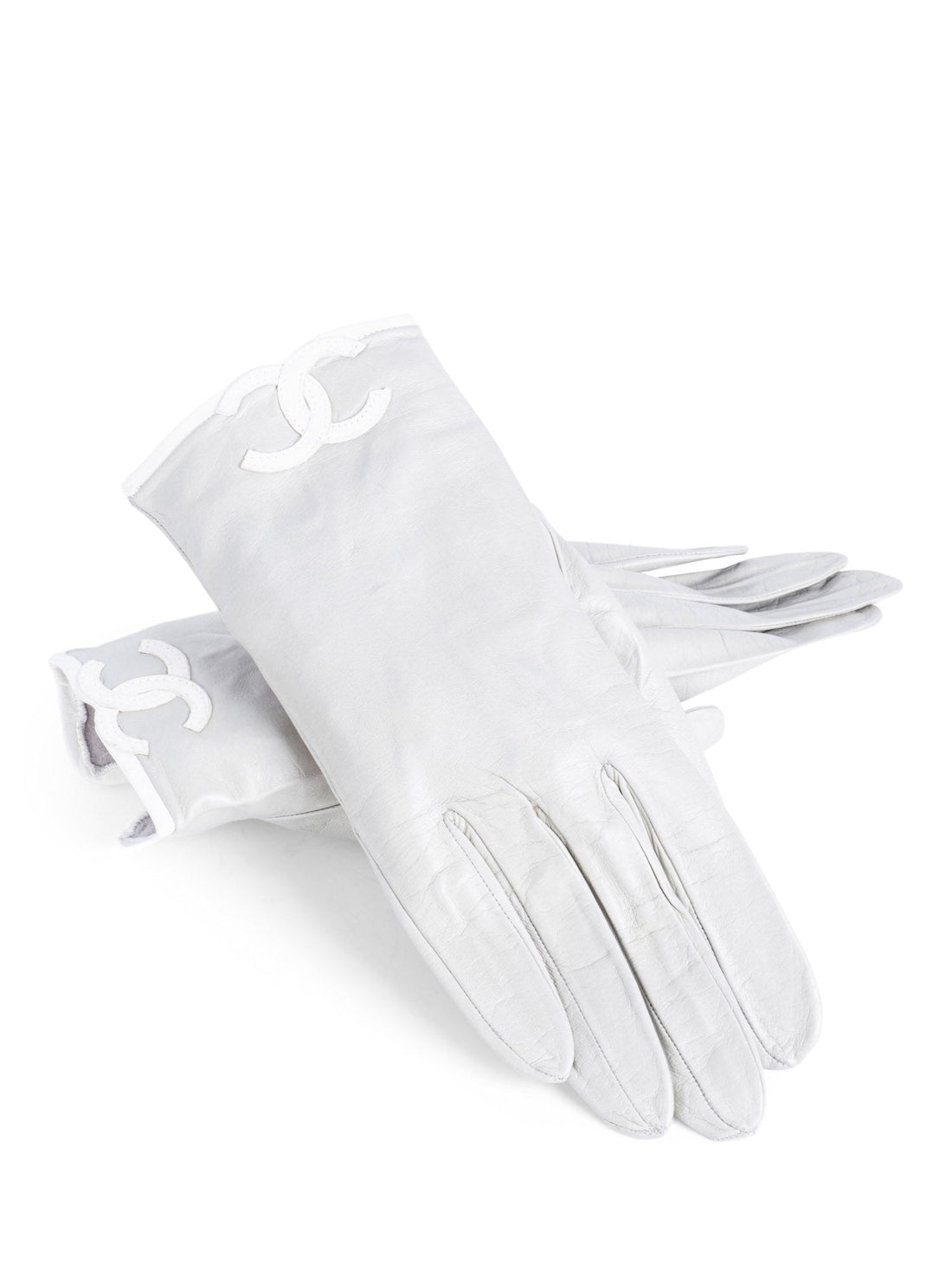 Chanel CC Logo Leather Gloves Grey White