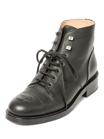 Chanel CC Logo Leather Lace Up Cap Toe Boots Black