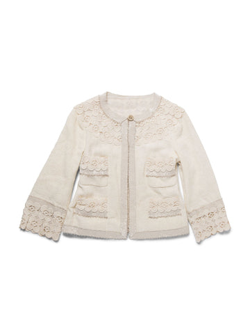 Chanel CC Logo Lesage Tweed Camellia Beaded Fringe Jacket Ivory