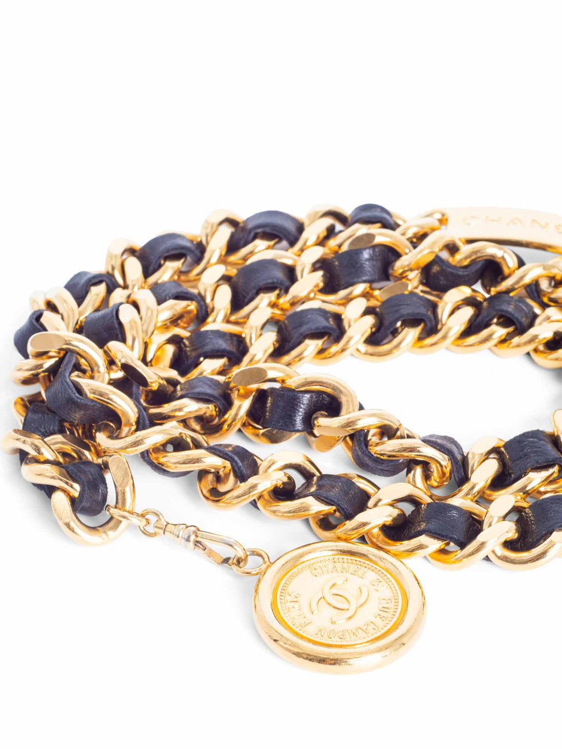 Chanel CC Logo Medallion 24K Gold Chain Leather Belt Black