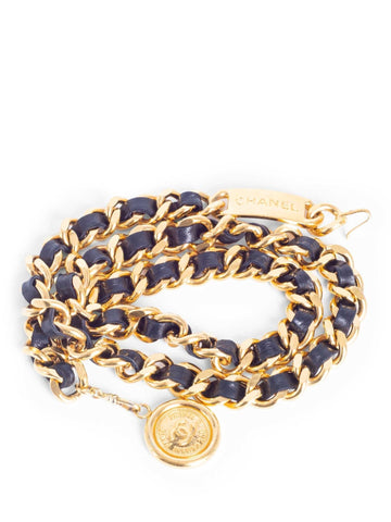 Chanel CC Logo Medallion 24K Gold Chain Leather Belt Black