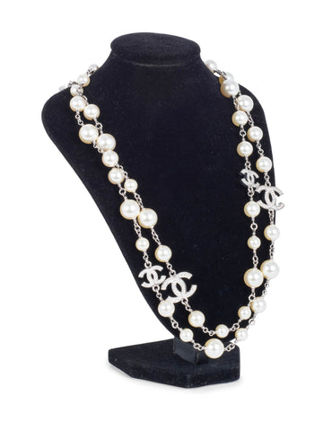 Chanel CC Logo Pearl Crystal Necklace Silver