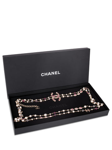 Chanel CC Logo Pearl Crystals Long Necklace Gold