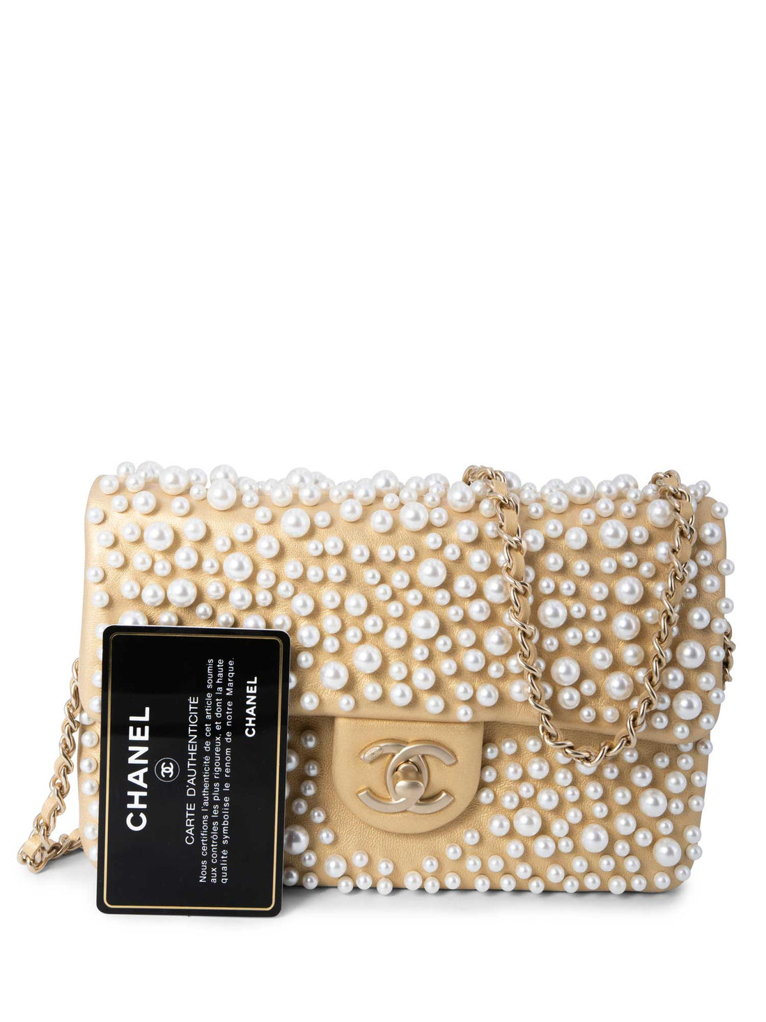 Chanel CC Logo Pearl Mini Flap Messenger Bag Gold