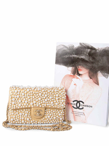 Chanel CC Logo Pearl Mini Flap Messenger Bag Gold