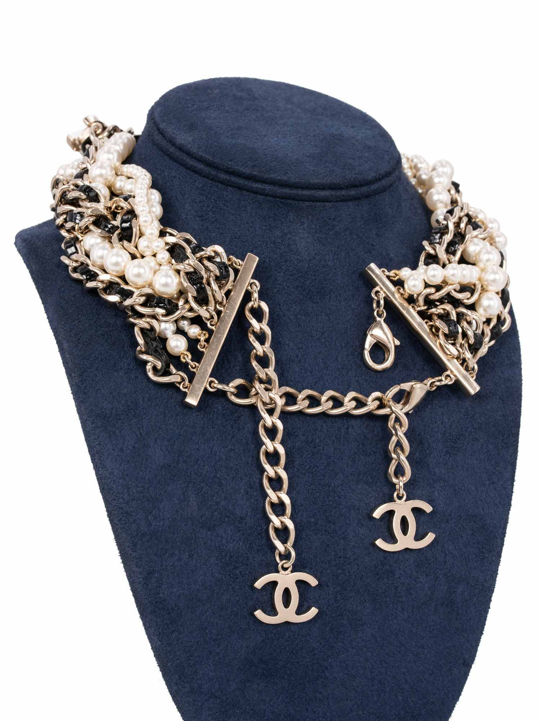 Chanel CC Logo Pearl Multi Chain Choker Necklace Gold