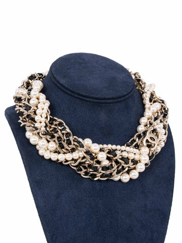 Chanel CC Logo Pearl Multi Chain Choker Necklace Gold