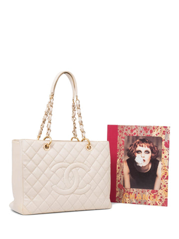 Chanel CC Logo Quilted Caviar Leather Shopper Bag Beige Gold