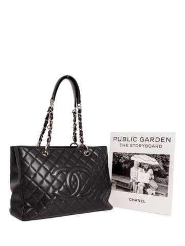 Chanel CC Logo Quilted Caviar Leather Shopper Bag Black