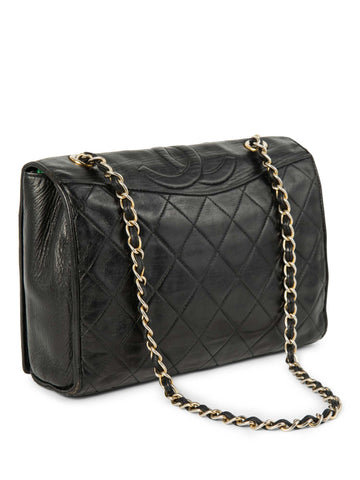 Chanel CC Logo Quilted Leather Messenger Bag Black Gold