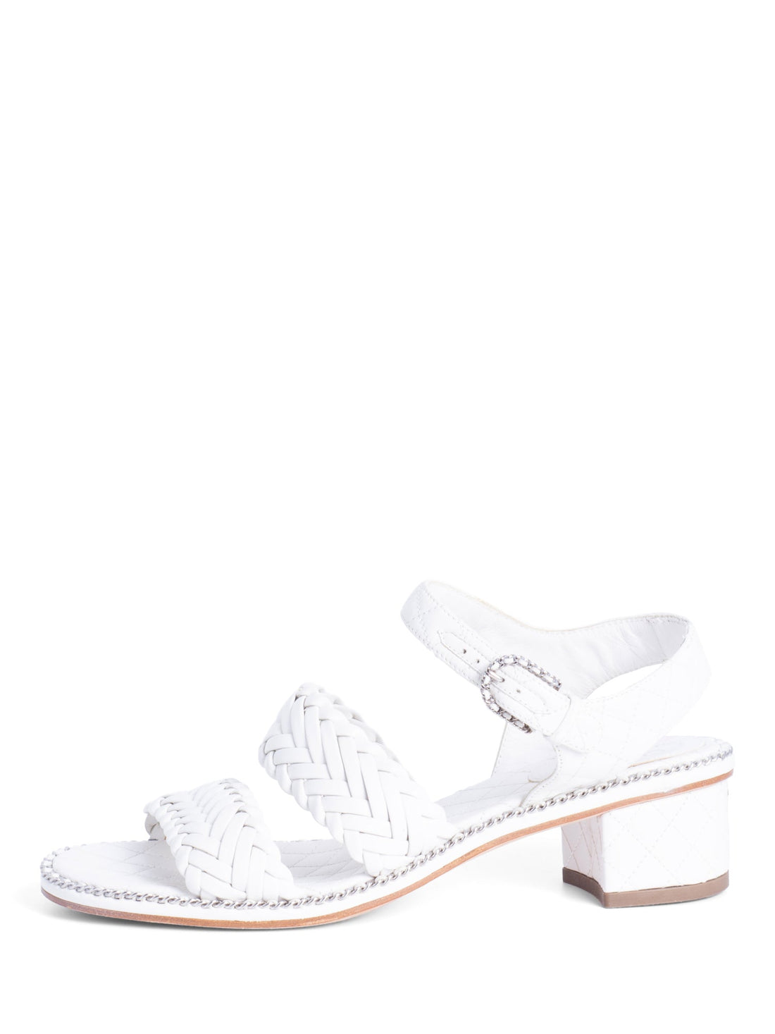Chanel CC Logo Quilted Woven Chain Block Heel Sandal White