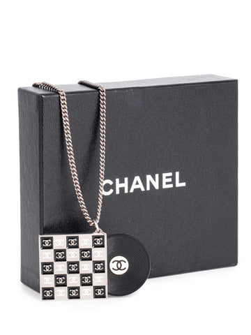 Chanel CC Logo Record Player Silver Necklace Black
