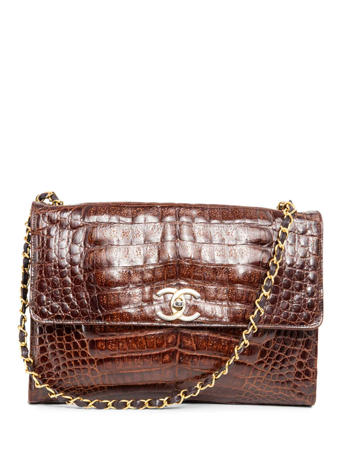 Chanel CC Logo Shiny Crocodile Jumbo Flap Messenger Bag Brown