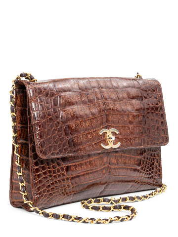 Chanel CC Logo Shiny Crocodile Jumbo Flap Messenger Bag Brown