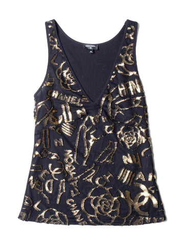 Chanel CC Logo Silk New York Graffiti Sleeveless Top Black Gold