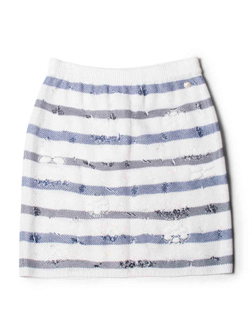 Chanel CC Logo Striped Knit Distressed Camellia Skirt White Navy Blue