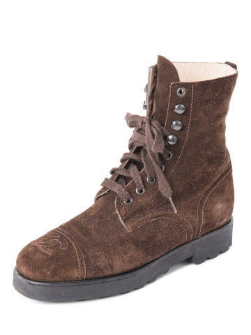 Chanel CC Logo Suede Biker Boots Brown