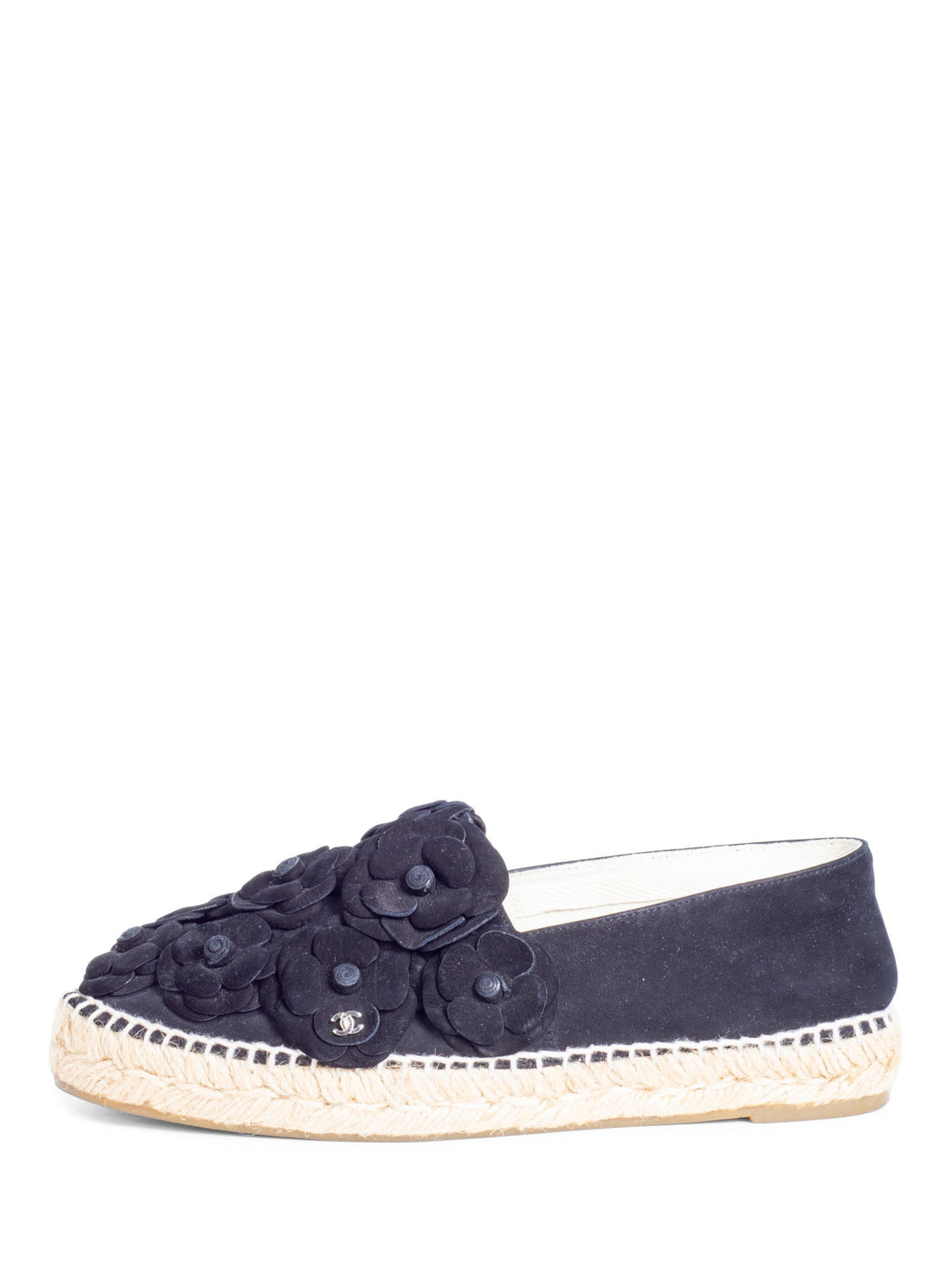 Chanel CC Logo Suede Camellia Espadrilles Black