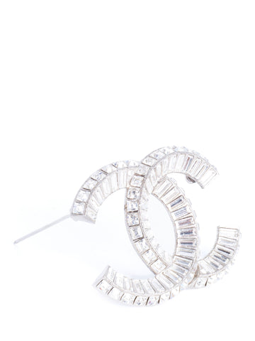 Chanel CC Logo Swarovski Crystal Large Brooch Pin Silver