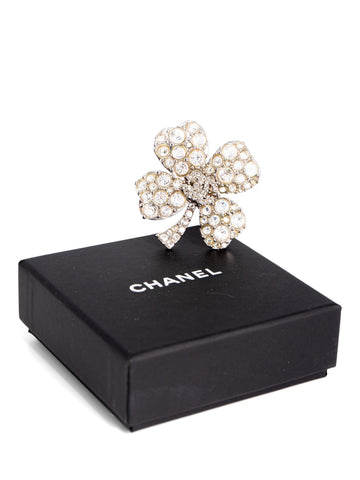 Chanel CC Logo Swarovski Crystal Lucky Clover Pin Brooch Silver