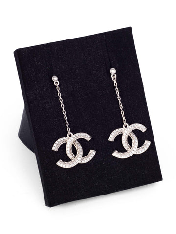 Chanel CC Logo Swarovski Crystals Drop Earrings Silver
