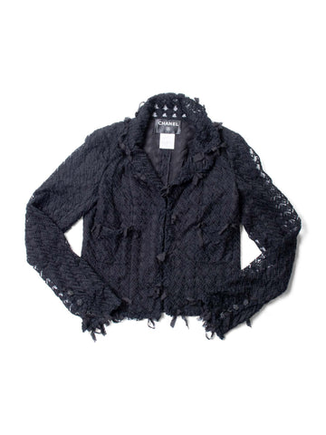 Chanel CC Logo Tweed Fringe Camellia Jacket Black